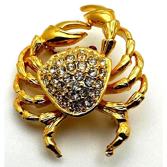 Whimsy Crab Brooch Pin Rhinestones Red Eyes Gold Tone Figural Ocean - Picture 2 of 4